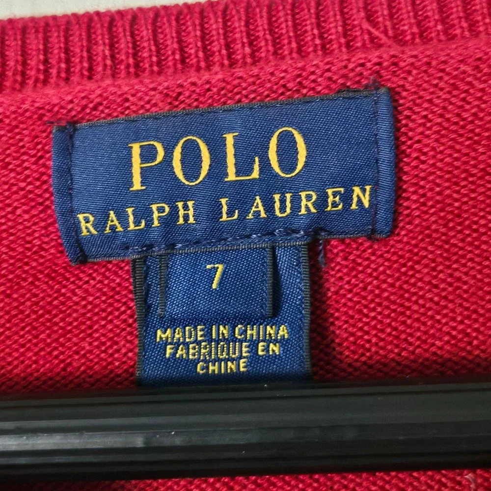 Polo Ralph Lauren Boys Red Cotton V-Neck Sweater Elbow Patches Size 7